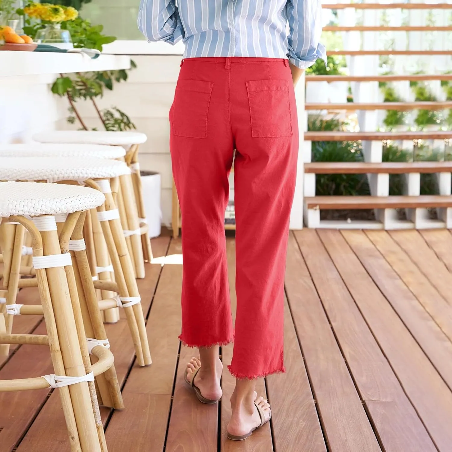 Womens Pants, Casual Pants Linen Peasant Straight Leg Stripe Cotton Trendy Print