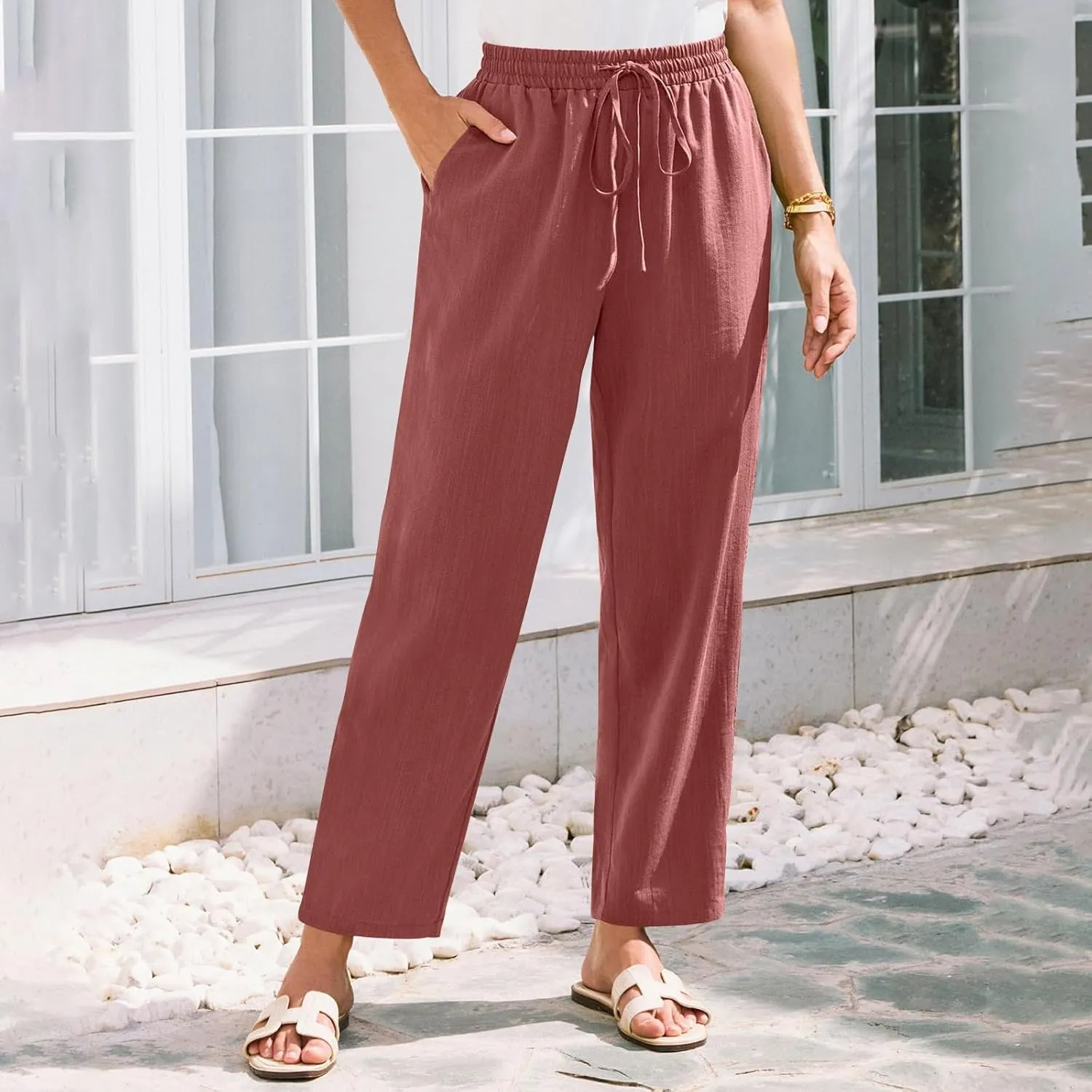 Womens Pants, Linen Straight Leg Peasant Pants Trendy Casual Wide Comfy Lounge