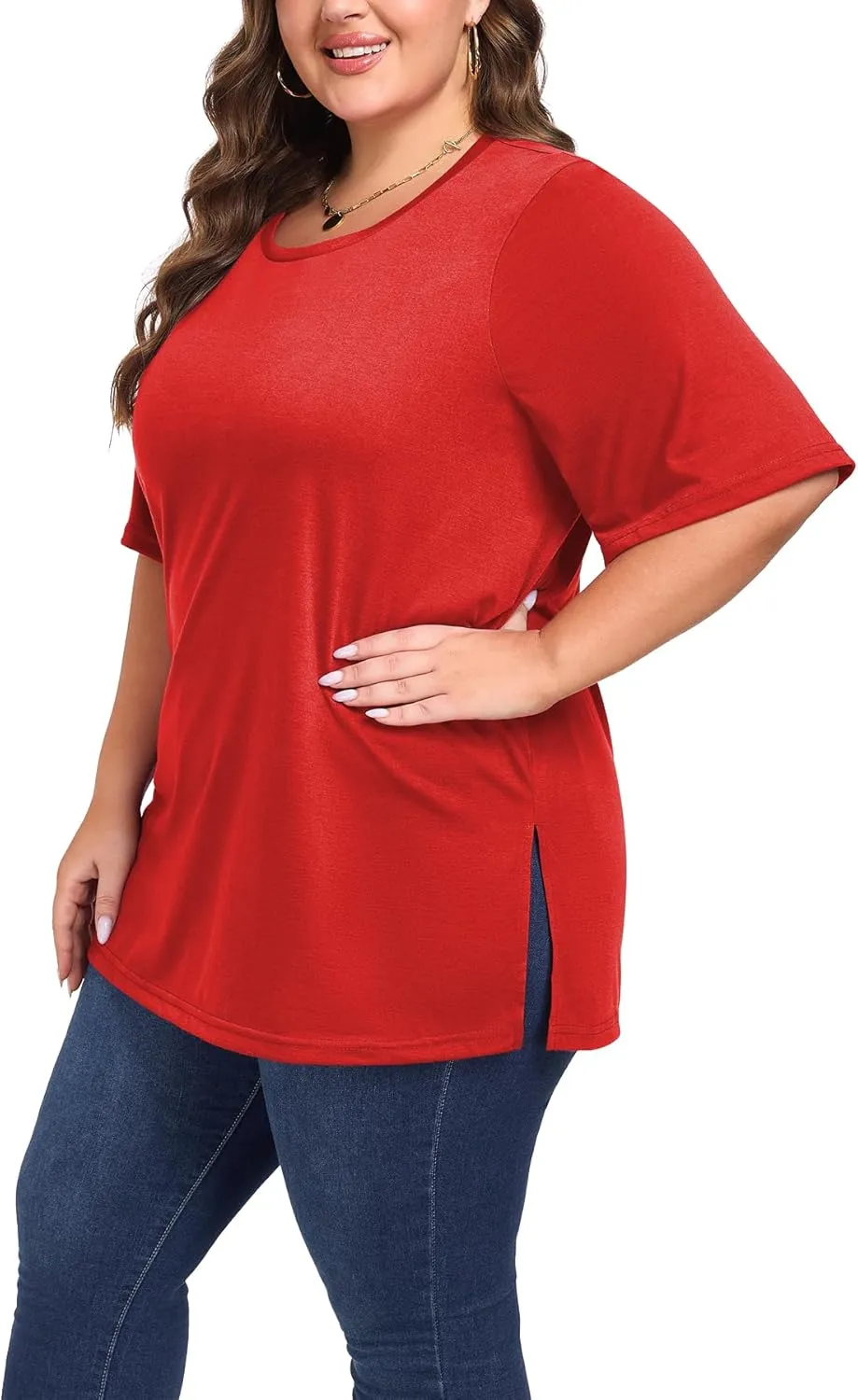 Women's Plus Size Crewneck Tops Half Sleeve Summer T-Shirt Loose Fit Blouse Casual Tunic with Side Split XL- 5XL