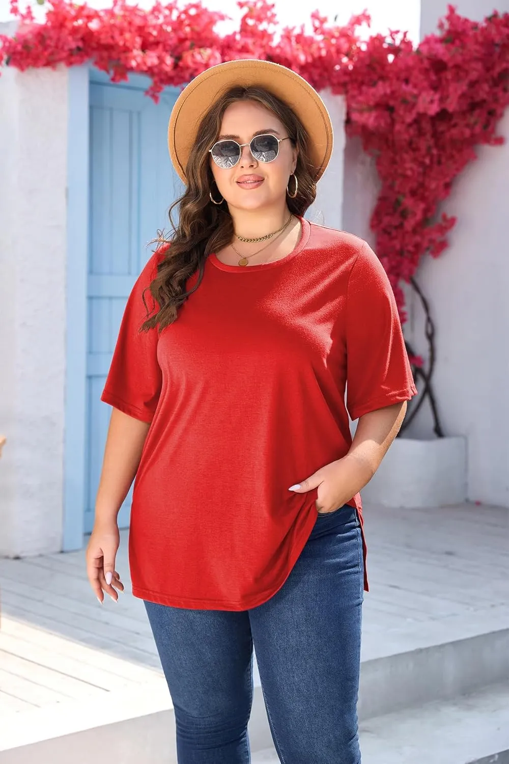 Women's Plus Size Crewneck Tops Half Sleeve Summer T-Shirt Loose Fit Blouse Casual Tunic with Side Split XL- 5XL