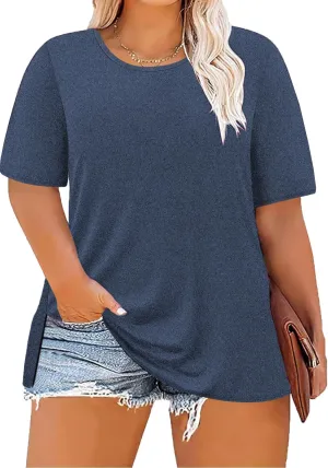 Women's Plus Size Crewneck Tops Half Sleeve Summer T-Shirt Loose Fit Blouse Casual Tunic with Side Split XL- 5XL