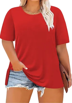 Women's Plus Size Crewneck Tops Half Sleeve Summer T-Shirt Loose Fit Blouse Casual Tunic with Side Split XL- 5XL