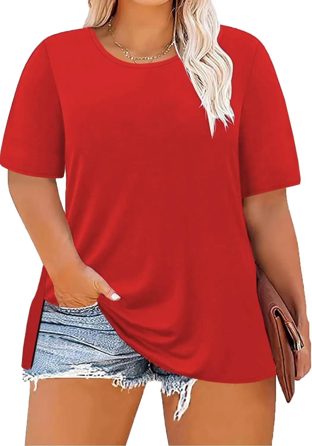 Women's Plus Size Crewneck Tops Half Sleeve Summer T-Shirt Loose Fit Blouse Casual Tunic with Side Split XL- 5XL
