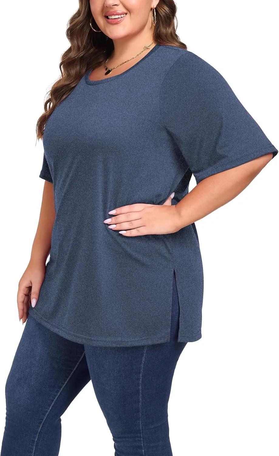 Women's Plus Size Crewneck Tops Half Sleeve Summer T-Shirt Loose Fit Blouse Casual Tunic with Side Split XL- 5XL