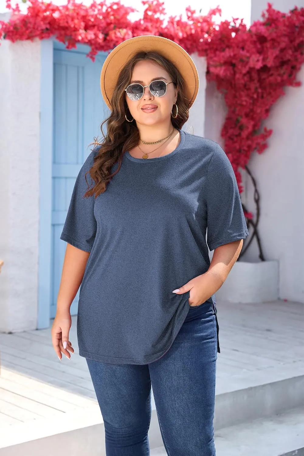 Women's Plus Size Crewneck Tops Half Sleeve Summer T-Shirt Loose Fit Blouse Casual Tunic with Side Split XL- 5XL