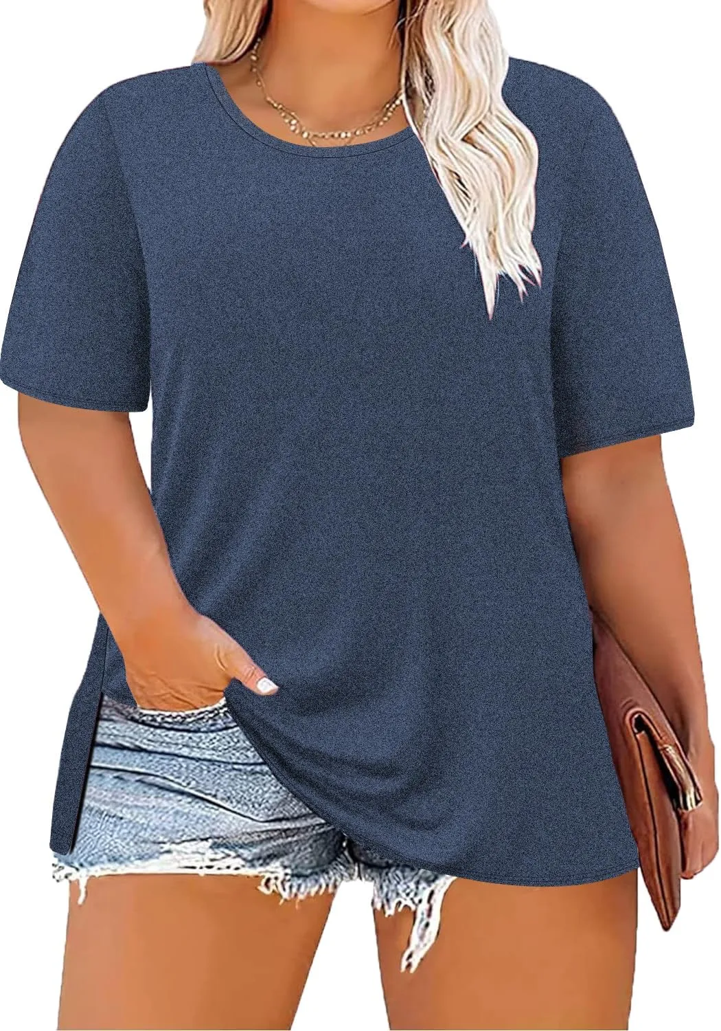 Women's Plus Size Crewneck Tops Half Sleeve Summer T-Shirt Loose Fit Blouse Casual Tunic with Side Split XL- 5XL