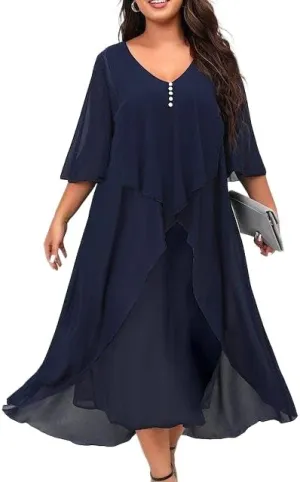 Women's Plus Size Floral Chiffon Midi Dress Flared Sleeves Patchwork Layered Ruffles Wedding Guest Dress with Buttons