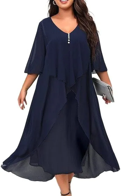 Women's Plus Size Floral Chiffon Midi Dress Flared Sleeves Patchwork Layered Ruffles Wedding Guest Dress with Buttons