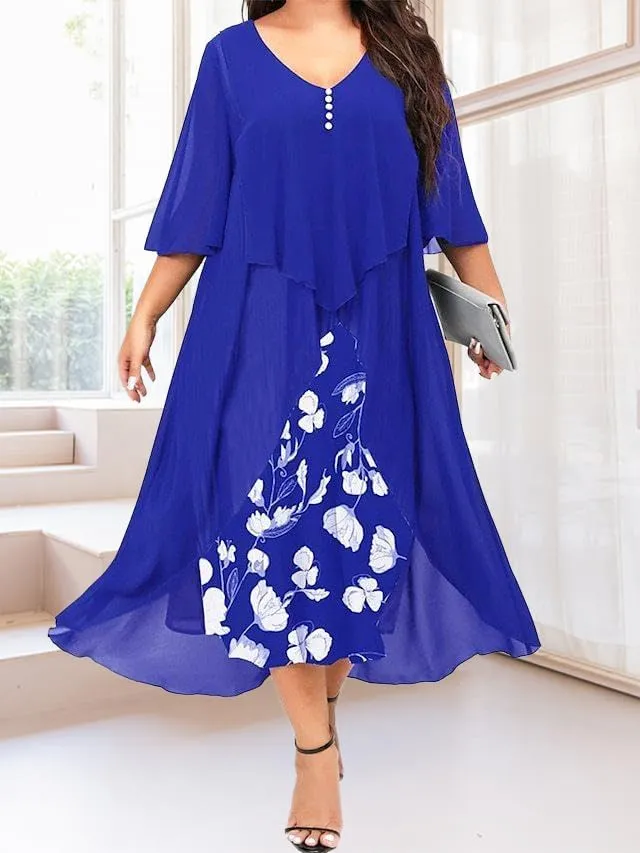 Women's Plus Size Floral Chiffon Midi Dress Flared Sleeves Patchwork Layered Ruffles Wedding Guest Dress with Buttons