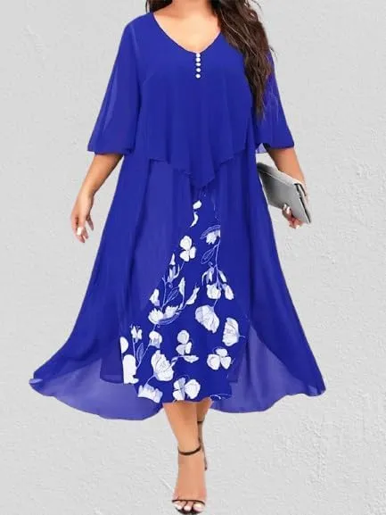 Women's Plus Size Floral Chiffon Midi Dress Flared Sleeves Patchwork Layered Ruffles Wedding Guest Dress with Buttons