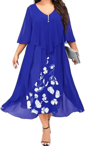 Women's Plus Size Floral Chiffon Midi Dress Flared Sleeves Patchwork Layered Ruffles Wedding Guest Dress with Buttons
