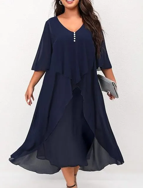 Women's Plus Size Floral Chiffon Midi Dress Flared Sleeves Patchwork Layered Ruffles Wedding Guest Dress with Buttons