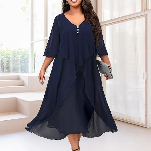 Women's Plus Size Floral Chiffon Midi Dress Flared Sleeves Patchwork Layered Ruffles Wedding Guest Dress with Buttons