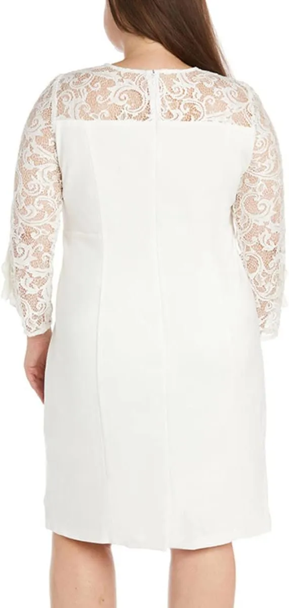 Women's Plus Size Lace Long Sleeve Mini Dress Crew Neck Ruffle Trim Party Elegant Solid Tunic Dress