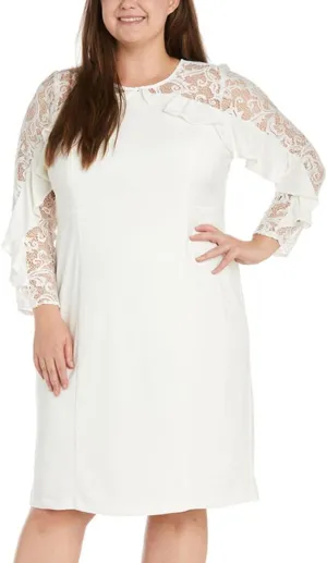 Women's Plus Size Lace Long Sleeve Mini Dress Crew Neck Ruffle Trim Party Elegant Solid Tunic Dress