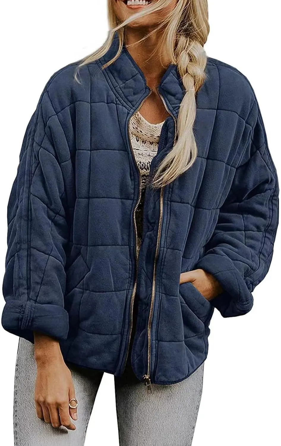 Womens Quilted Puffer Jacket Lightweight Zip Up Oversized Winter Fall Outwear Casual Padded Down Coat with Pockets