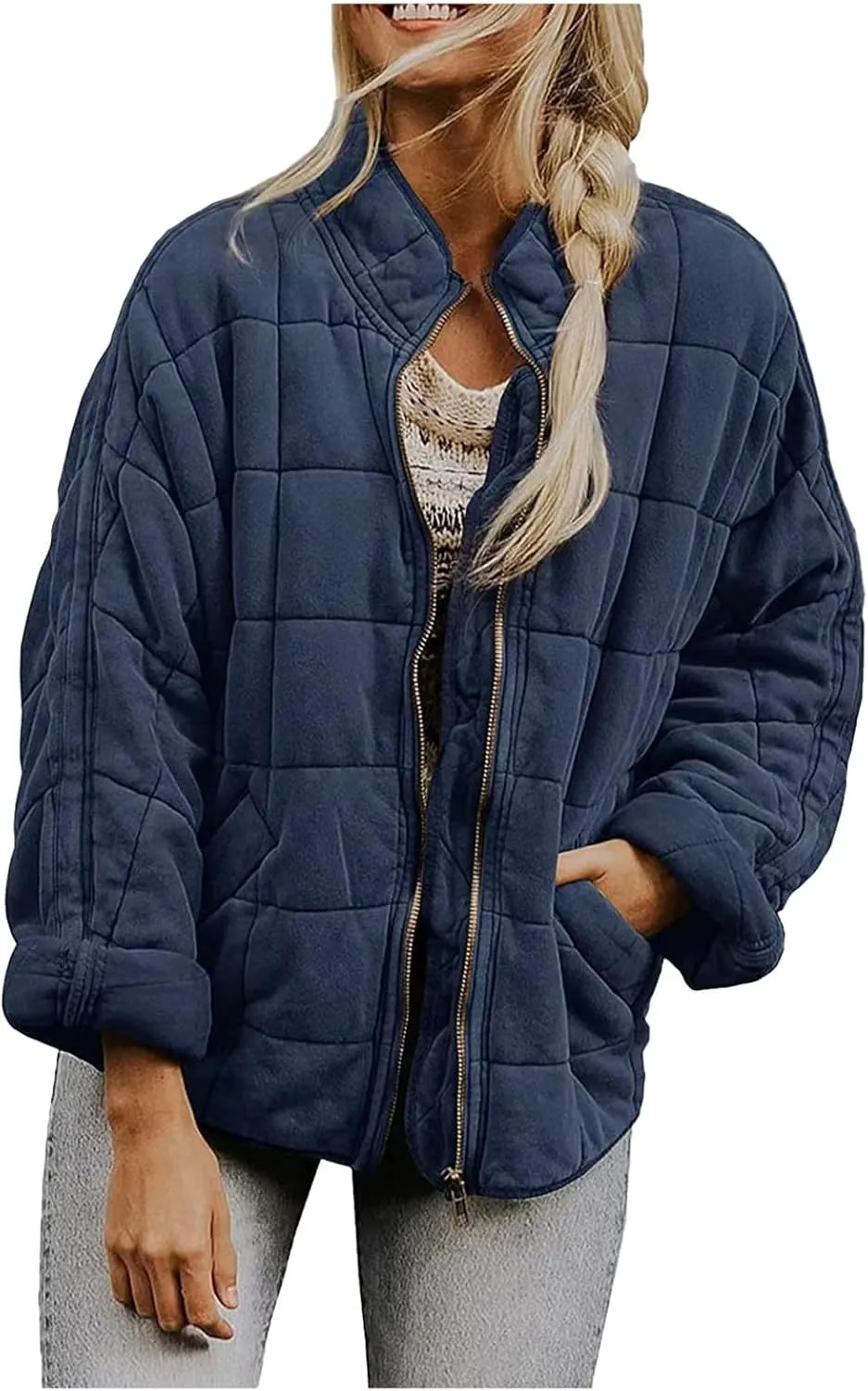 Womens Quilted Puffer Jacket Lightweight Zip Up Oversized Winter Fall Outwear Casual Padded Down Coat with Pockets