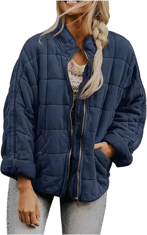 Womens Quilted Puffer Jacket Lightweight Zip Up Oversized Winter Fall Outwear Casual Padded Down Coat with Pockets