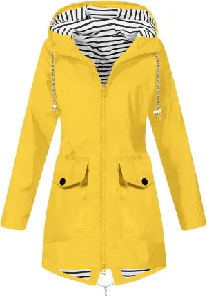 Womens Rain Jacket Waterproof Long Hooded Rain Coats Lightweight Outdoor Windbreaker Button Zip Up Travel Trench Coat