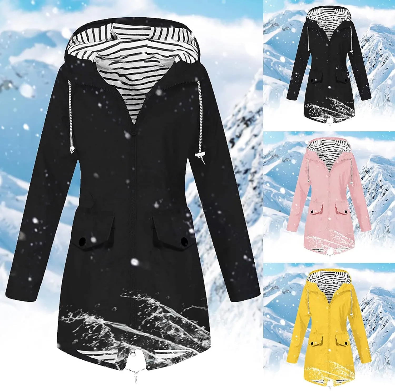 Womens Rain Jacket Waterproof Long Hooded Rain Coats Lightweight Outdoor Windbreaker Button Zip Up Travel Trench Coat