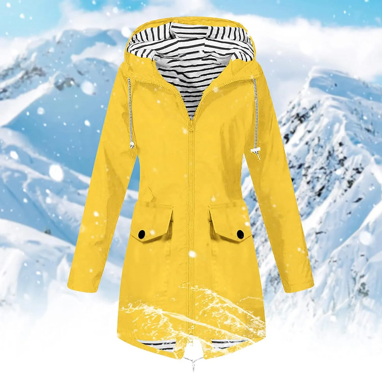 Womens Rain Jacket Waterproof Long Hooded Rain Coats Lightweight Outdoor Windbreaker Button Zip Up Travel Trench Coat