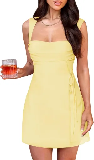 Women's Sexy Ruched Mesh Midi Short Dresses for Women Square Neck Fitted Elegant Club Party Cocktail Dress