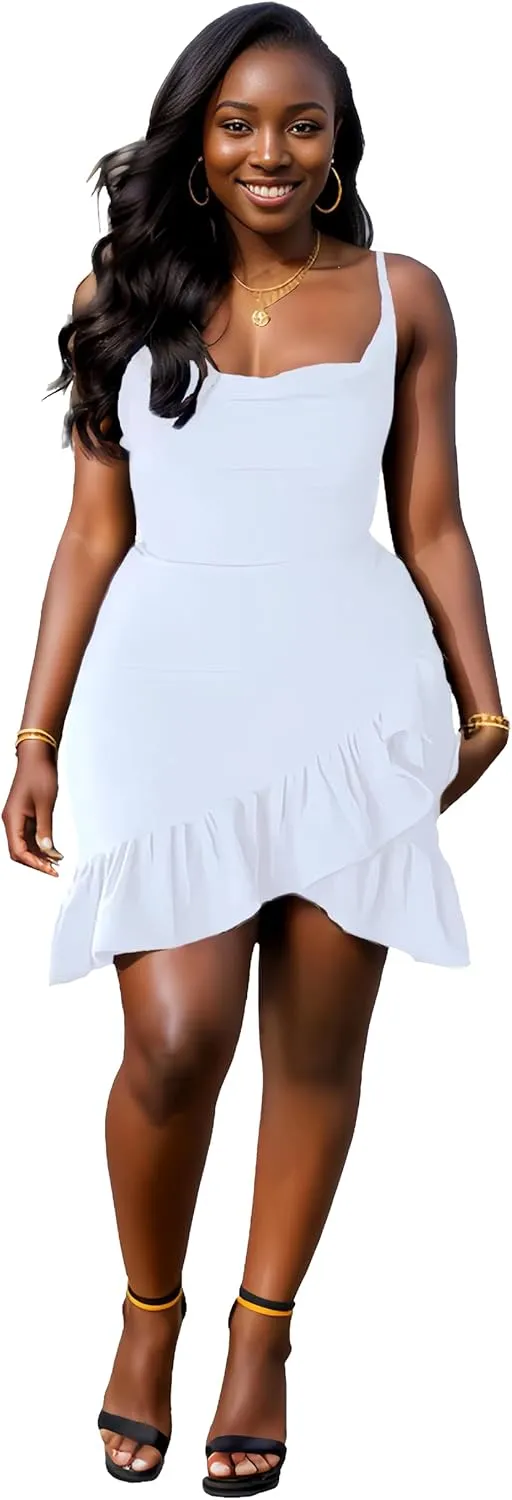 Womens Sexy Sleeveless Bodycon Mini Dress 2024 Summer Casual Straps Short Ruffle Dresses Beach Party Club Homecoming