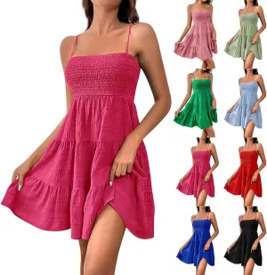 Womens Summer Boho Dresses Spaghetti Strap Sundresses Smocked Tiered Mini Dress Casual Flowy Swing Beach Sun Dress