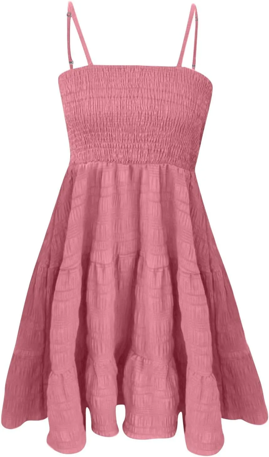 Womens Summer Boho Dresses Spaghetti Strap Sundresses Smocked Tiered Mini Dress Casual Flowy Swing Beach Sun Dress