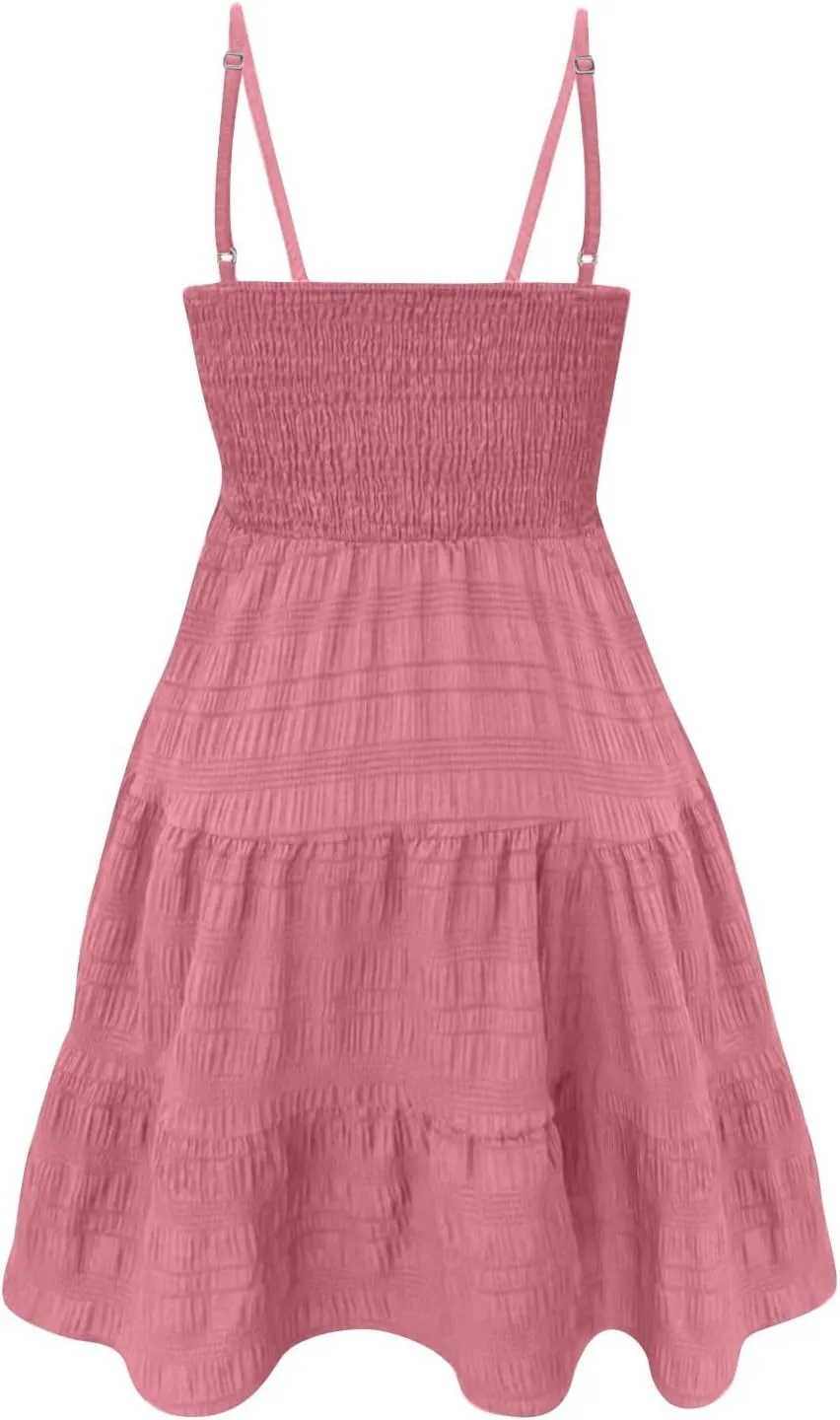 Womens Summer Boho Dresses Spaghetti Strap Sundresses Smocked Tiered Mini Dress Casual Flowy Swing Beach Sun Dress
