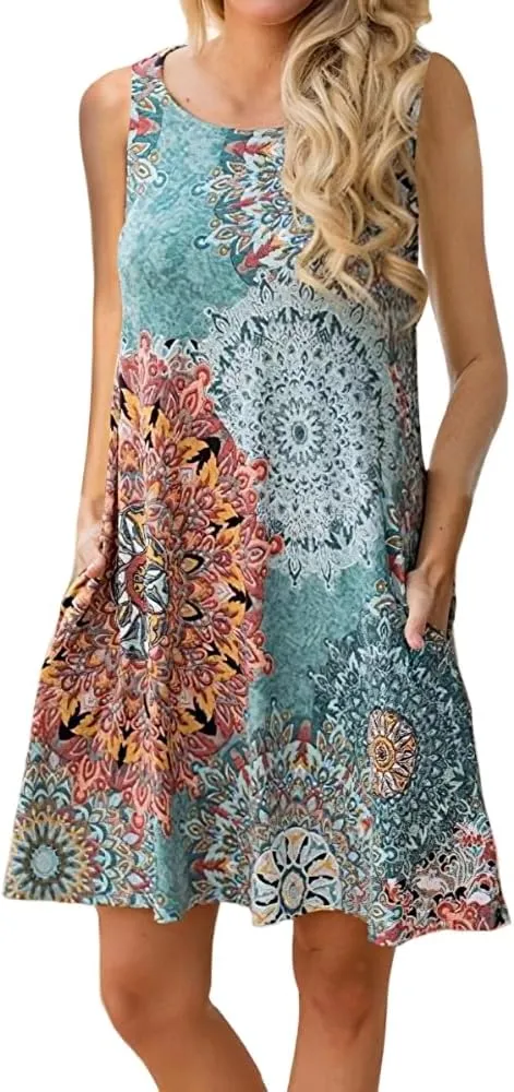 Women's Summer Boho Floral Print Beach Sundress Dress with Pockets Casual Loose Sleeveless Crewneck Midi Tank Dress