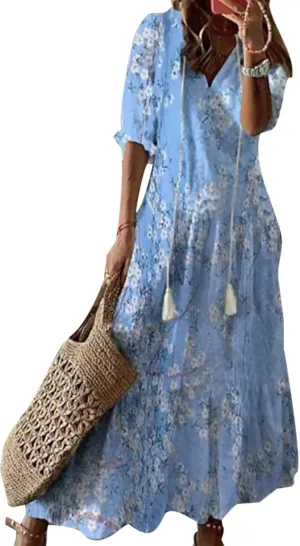 Women's Summer Boho Floral Ruffle Dress Short Sleeve Tiered Maxi Dresses V Neck Flowy Casual Fit Party Long Dress