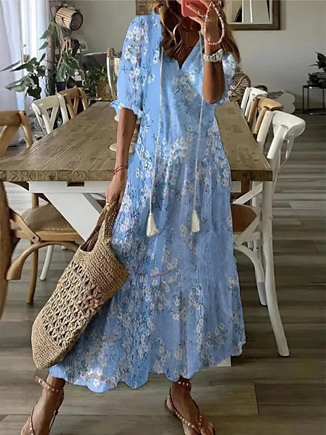 Women's Summer Boho Floral Ruffle Dress Short Sleeve Tiered Maxi Dresses V Neck Flowy Casual Fit Party Long Dress