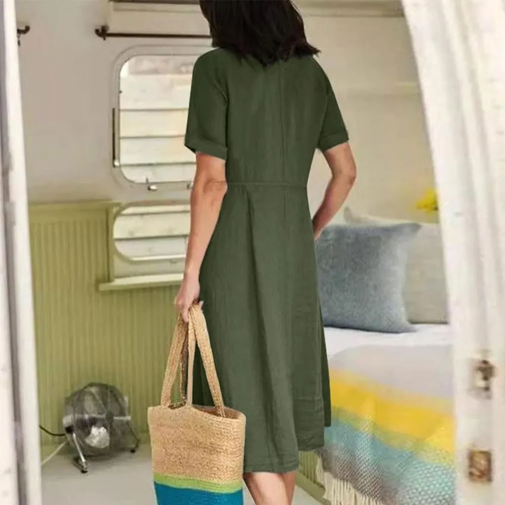 Women's Summer Casual V-Neck Button Down Shirt Dress Solid Short Sleeve Cotton Linen Dress Plus Size Maxi Dresses