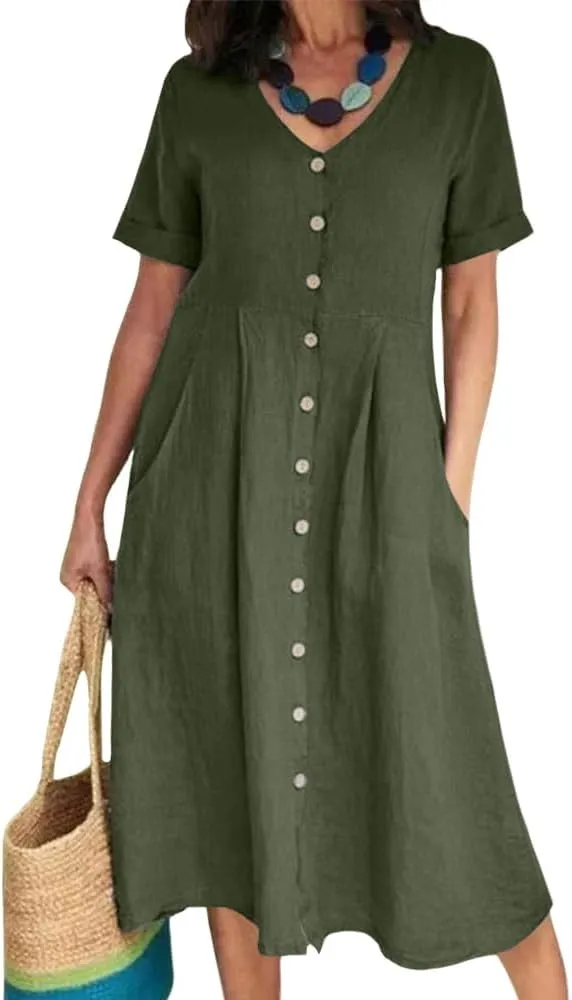 Women's Summer Casual V-Neck Button Down Shirt Dress Solid Short Sleeve Cotton Linen Dress Plus Size Maxi Dresses