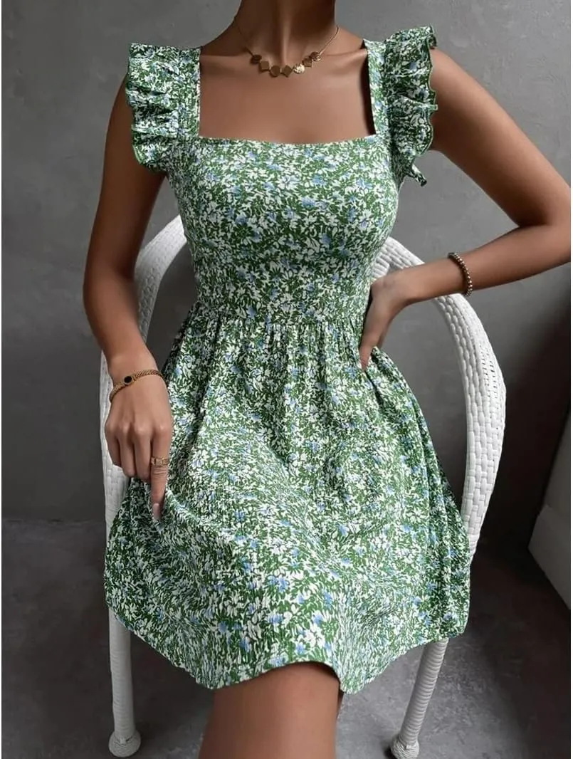 Women's Summer Dresses Casual Square Neck Floral Sundress Back Tie A Line Flowy Beach Dress