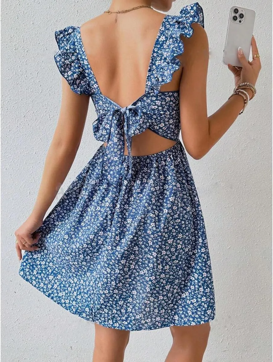 Women's Summer Dresses Casual Square Neck Floral Sundress Back Tie A Line Flowy Beach Dress