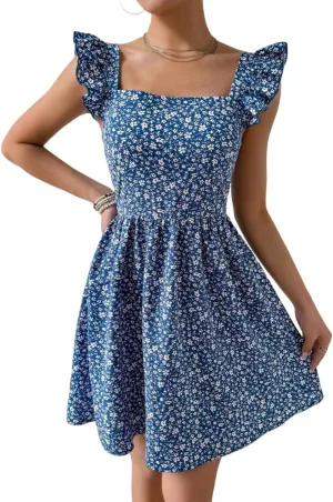 Women's Summer Dresses Casual Square Neck Floral Sundress Back Tie A Line Flowy Beach Dress