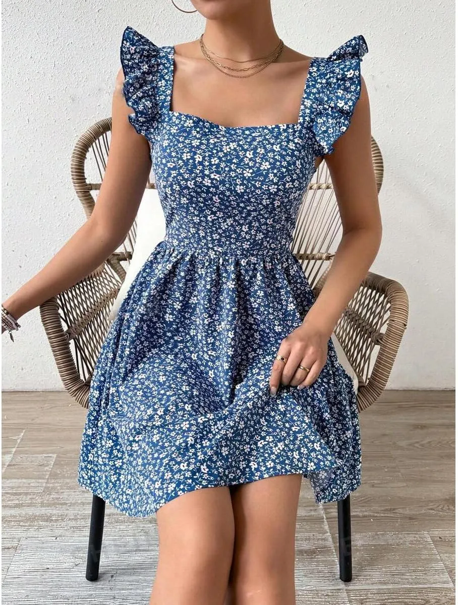 Women's Summer Dresses Casual Square Neck Floral Sundress Back Tie A Line Flowy Beach Dress