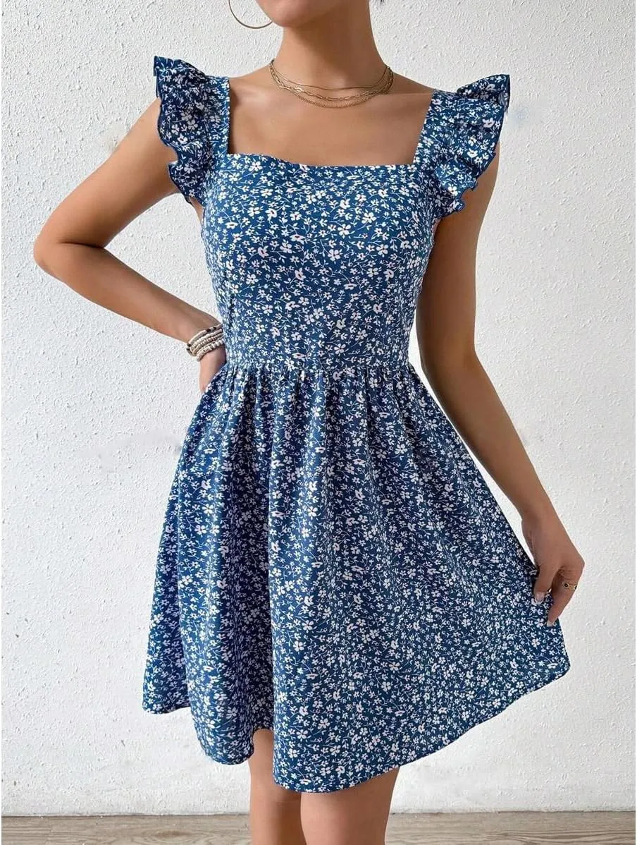 Women's Summer Dresses Casual Square Neck Floral Sundress Back Tie A Line Flowy Beach Dress