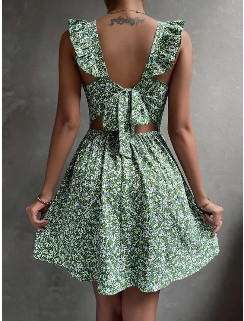 Women's Summer Dresses Casual Square Neck Floral Sundress Back Tie A Line Flowy Beach Dress