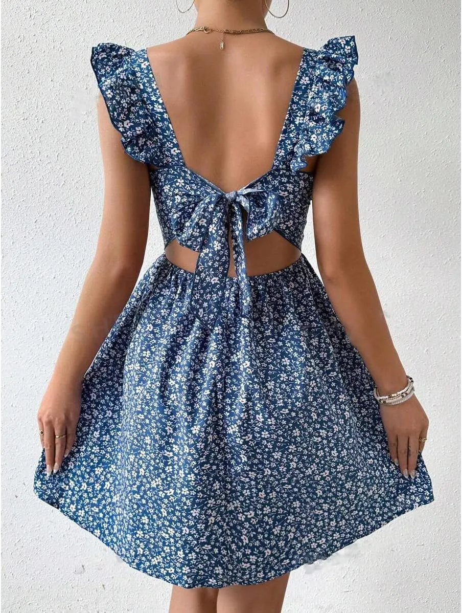 Women's Summer Dresses Casual Square Neck Floral Sundress Back Tie A Line Flowy Beach Dress