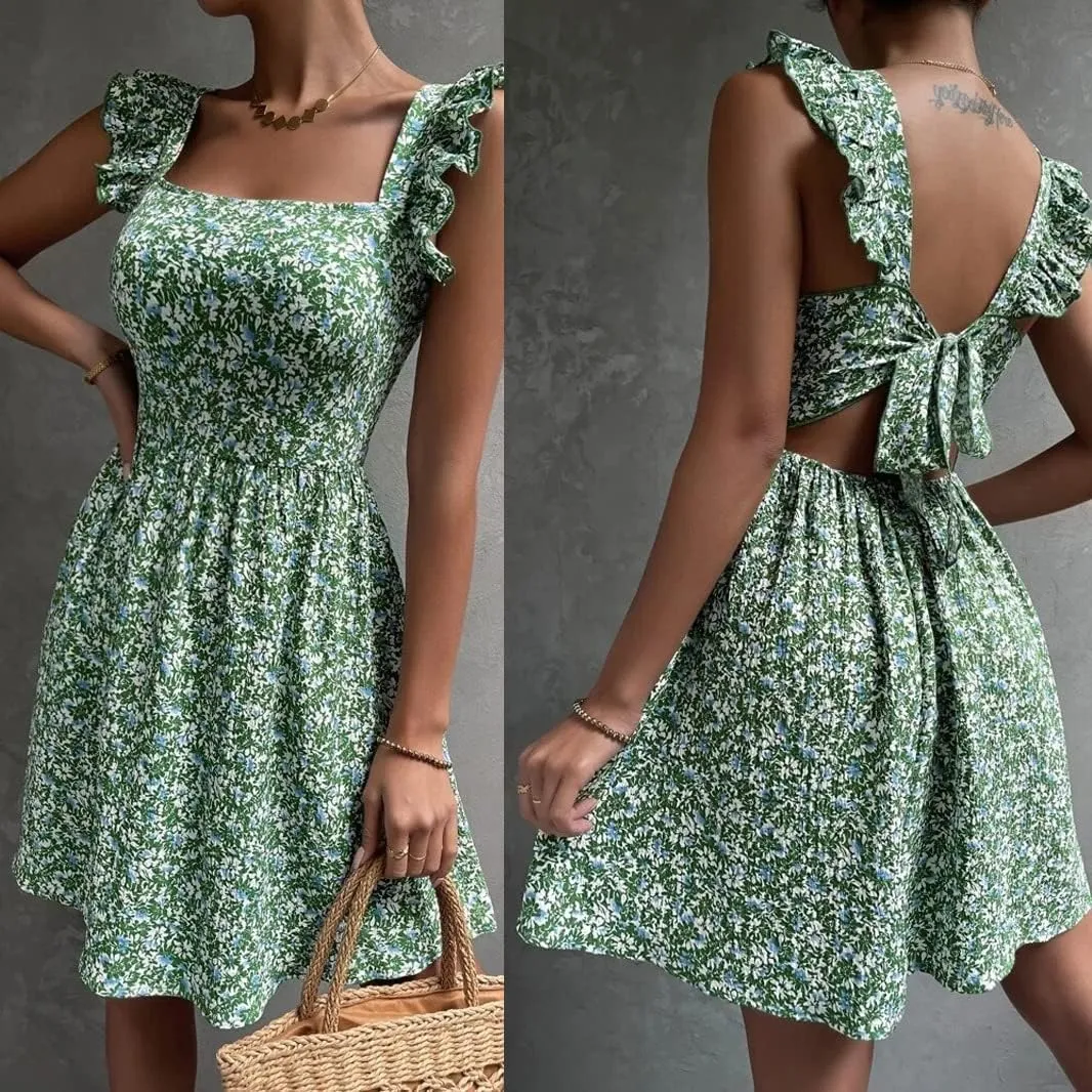 Women's Summer Dresses Casual Square Neck Floral Sundress Back Tie A Line Flowy Beach Dress
