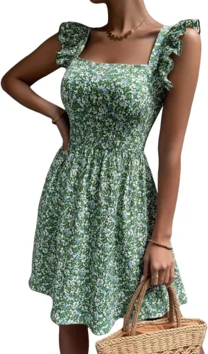 Women's Summer Dresses Casual Square Neck Floral Sundress Back Tie A Line Flowy Beach Dress