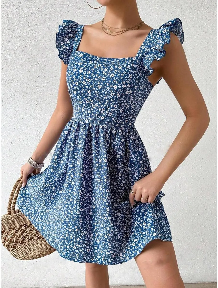 Women's Summer Dresses Casual Square Neck Floral Sundress Back Tie A Line Flowy Beach Dress