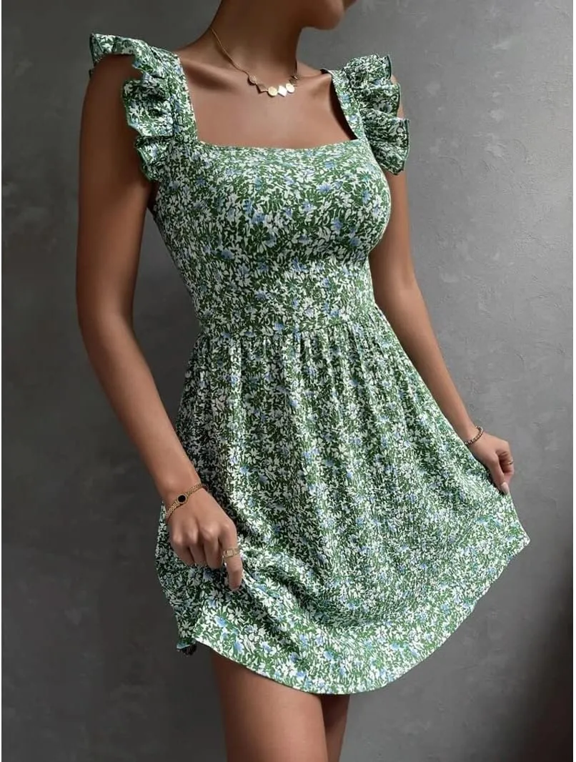 Women's Summer Dresses Casual Square Neck Floral Sundress Back Tie A Line Flowy Beach Dress