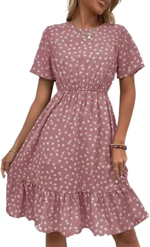 Womens Summer Dresses Short Sleeve Round Neck Allover Floral Ruffle Hem A Line Dress Short Mini Dress