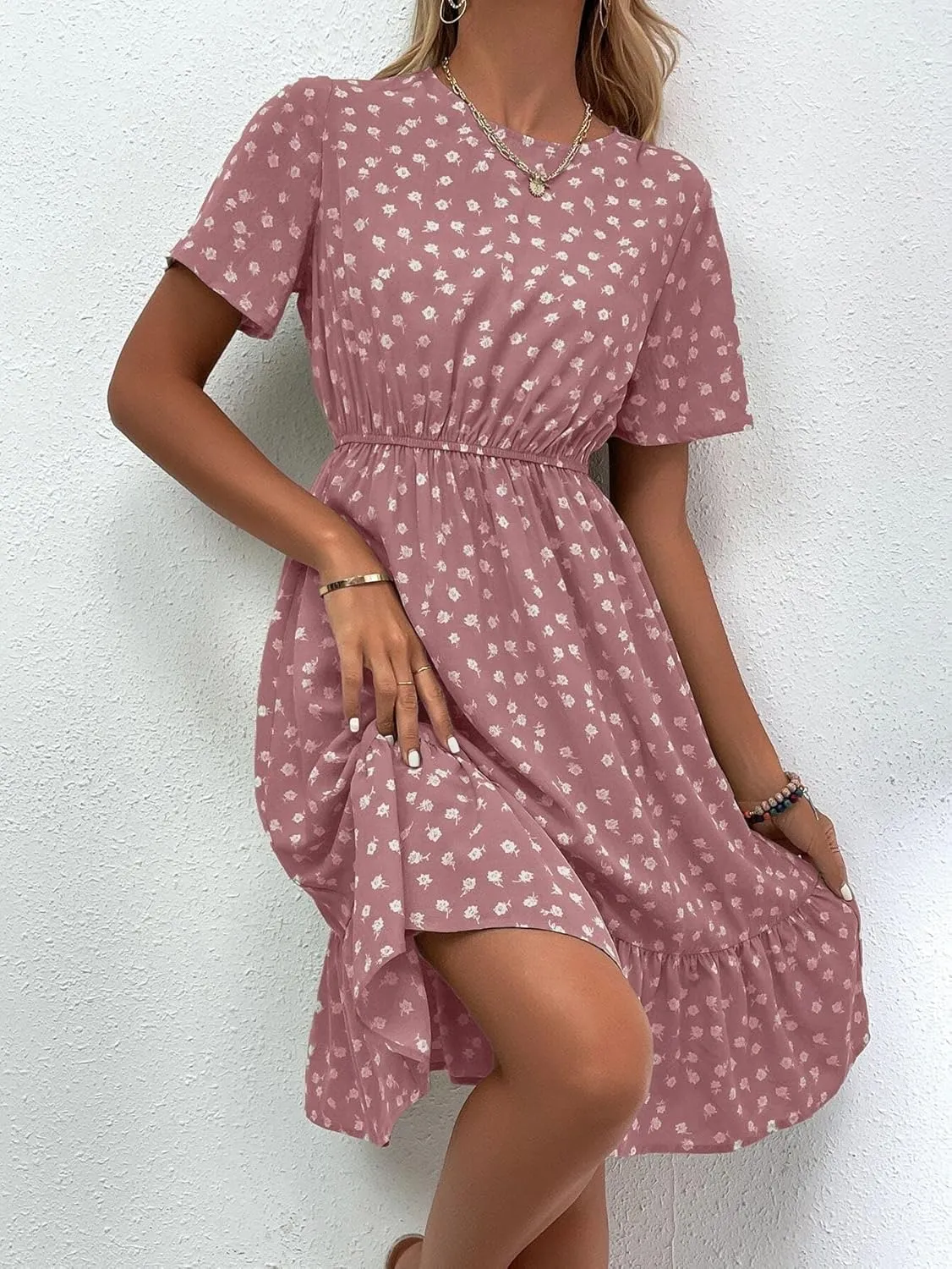 Womens Summer Dresses Short Sleeve Round Neck Allover Floral Ruffle Hem A Line Dress Short Mini Dress