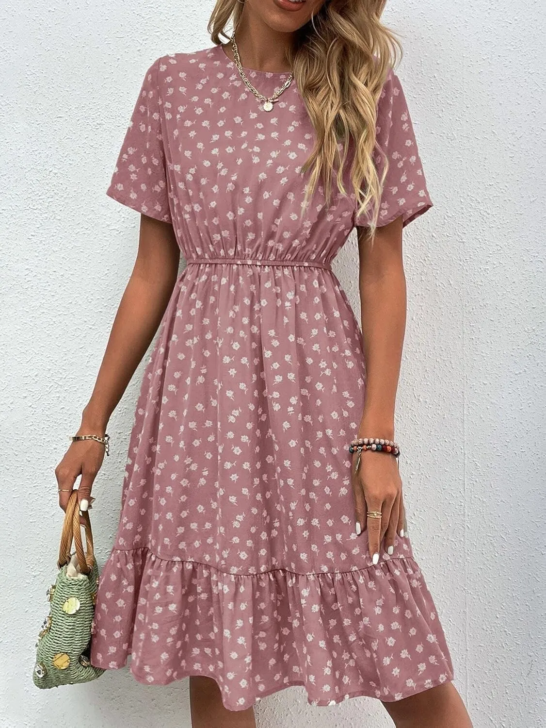 Womens Summer Dresses Short Sleeve Round Neck Allover Floral Ruffle Hem A Line Dress Short Mini Dress