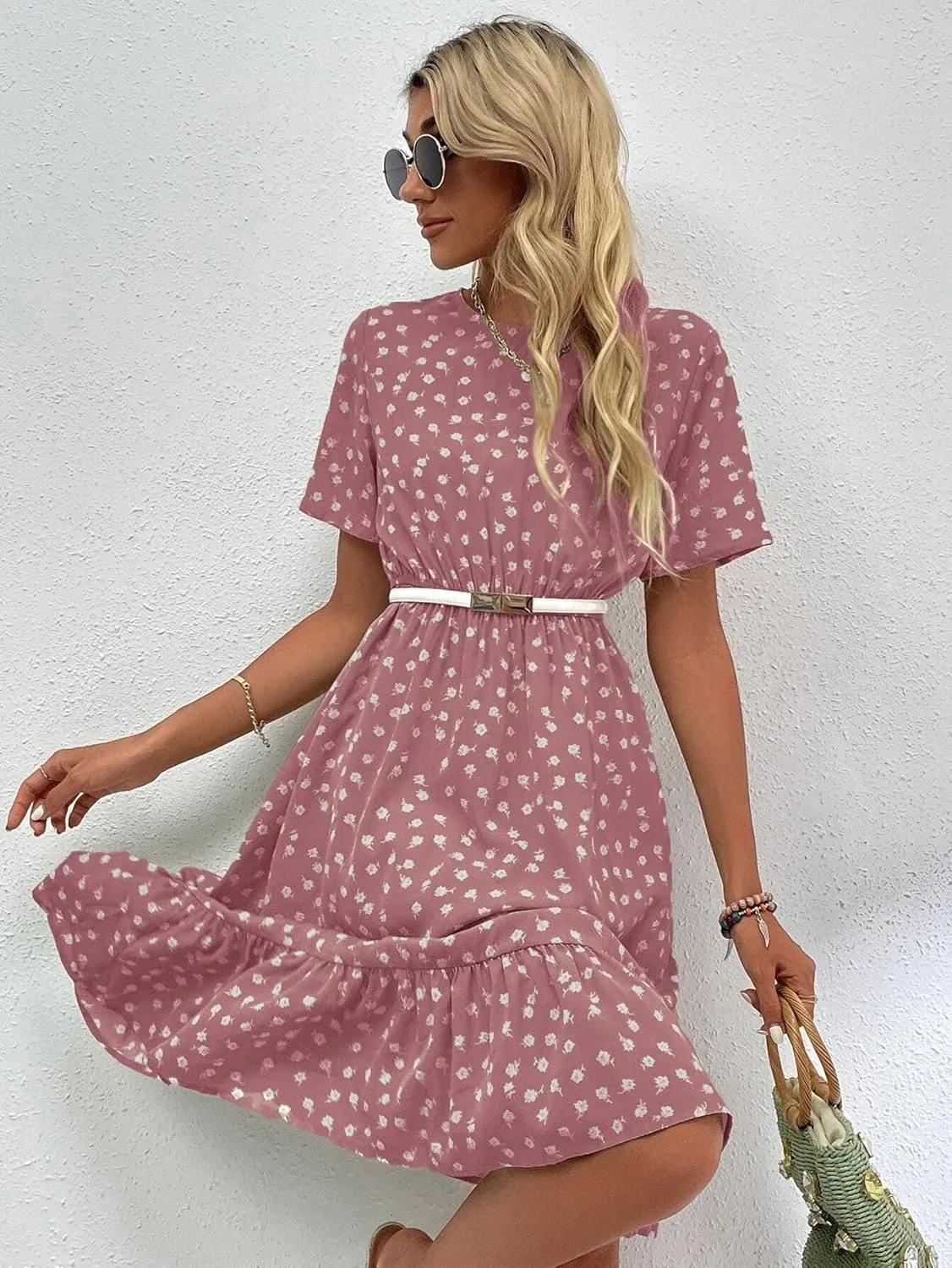 Womens Summer Dresses Short Sleeve Round Neck Allover Floral Ruffle Hem A Line Dress Short Mini Dress